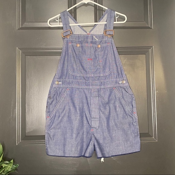 Vintage Handmade Dark Wash Denim Shortalls With Raw Hem & Button Fly